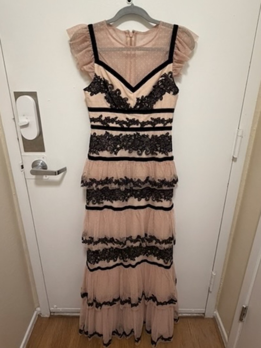 BCBGMAXAZRIA Blush and Black Lace Tiered Gown